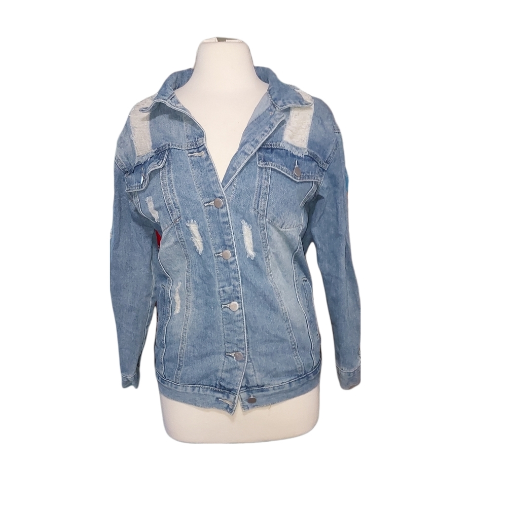 Distressed Jean Jacket Denim 8 Woman Coat blue destroyed punk grunge streetwear